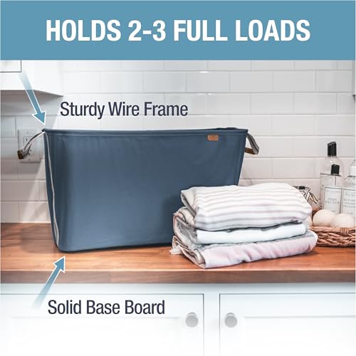 Image of CleverMade Collapsible Laundry Basket LUXE 2 Pack - 60 L (16 Gal) Foldable Cotton Blend Clothes Hamper with Vegan Leather Accents, Reinforced Handles, Space Saving Laundry Bin Holds 55 lbs - Navy