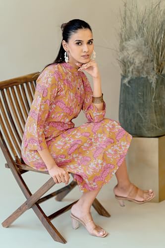 Image of MIRCHI FASHION Women A Line Cotton Print Princess Line Kantha Work Kurta (K9864 - Mustard, Coral - S)