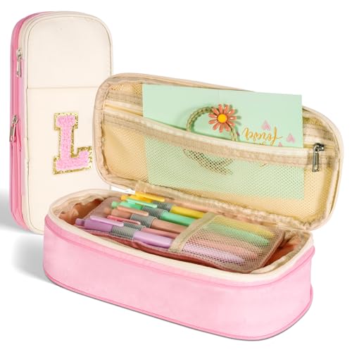 Image of Pencil Case,Personalized Pencil Pouch Cute Aesthetic College School Supplies,Large Storage High Capacity Pen Bag Holder Box Organizer Special Cases Gifts for Girls Teens - Beige+Pink,L