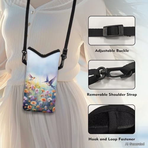Image of Neoprene Crossbody Phone Bag Small Shoulder Bag Lightweight Travel Bag with Removable Adjustable Strap for Cellphone, Keys, Lipstick, Power Bank 8 x 4 inch, Hummingbird Daisy Flower