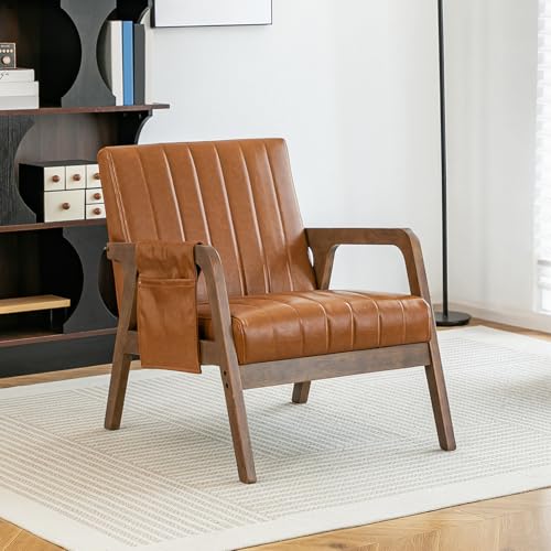 EROMMY Mid Century Modern Leather Accent Chair with Wood Frame, Faux Leather Accent Armchair with Storage Bag,Pu Living Room Accent Chair for Reading, Bedroom,Deep Brown