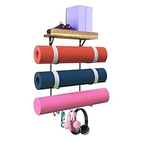 Yoga Mat Holder Wall Mount,Yoga Mat Storage Rack with Wooden Shelves and 4 Hooks,Yoga Mat Organizer for Home Gym Decor…