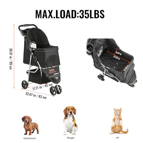 Image of VEVOR Pet Stroller for Dogs and Cats up to 35lbs, 3 Wheels Folding Dog Cat Stroller for Medium Small Dogs, Portable Lightweigh Puppy Doggy Doggie Jogging Stroller with Storage Basket and Cup Holder