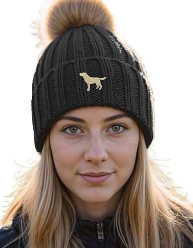 The House Of Dog: Golden Yellow Labrador Retriever Owner Gift. Faux Fur Pom Pom Chunky Knit Super Soft Unisex Embroidered Beanie Black