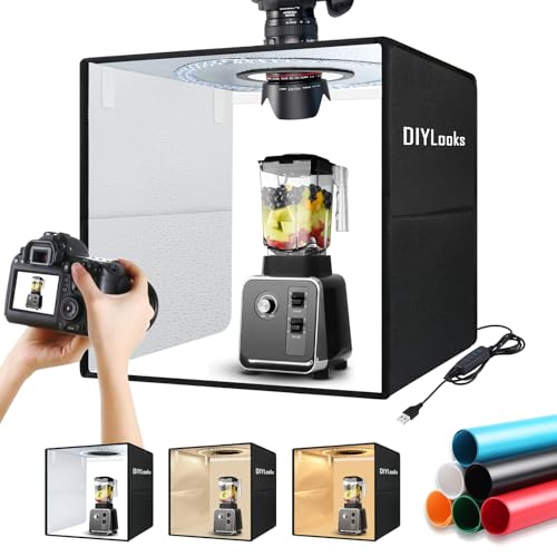 DIYLooks 16x16x16 Inch Portable Folding Photo Studio Box with Dimmable Ring Light (224 LEDs, CRI95,...