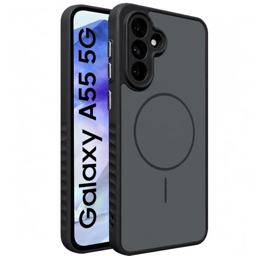 Image of VONZEE Matte Magnetic Case Compatible for Samsung Galaxy A55 Wireless Charging Shockproof Anti-Scratch TPU PC Slim Fit Full Protection Phone Cover for Samsung Galaxy A55-BLACK