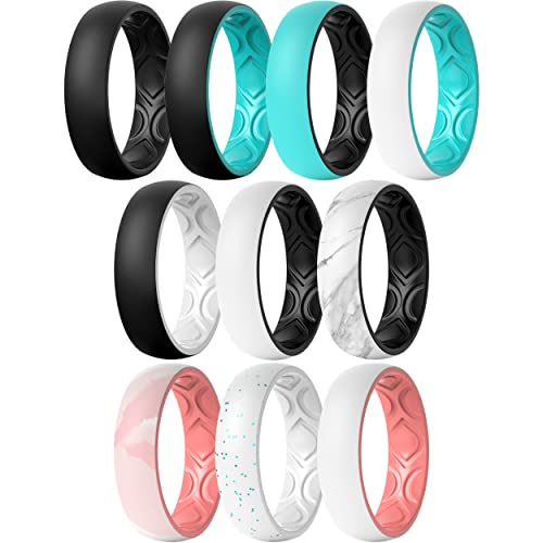 ThunderFit Silicone Wedding Bands for Women, Breathable 2 Layers 5.5mm Wide 1.5mm Thick - 1/4/8/10 Variety Multipack