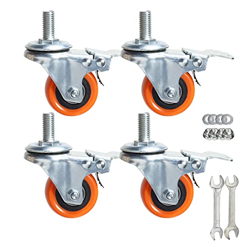 Heavy Duty Swivel Wheels, 3 Inch Yellow PVC Casters with Metric Stem M12-1.75x25mm Double Brakes Castors Safety Wheels up to 1200 Lbs/Set for Industry and Furniture Set of 4