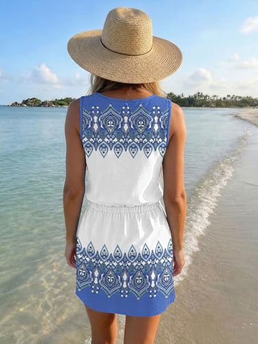 Image of SAUKOLE Womens Sleeveless T Shirt Dresses Casual Cute Floral Print Short Dress Summer Fashion Front Pockets
