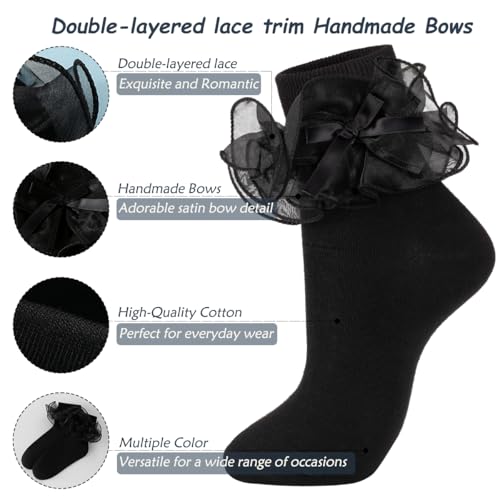 Dicry Women's Big Ruffle Socks with Bows Double Lace Turn Cuff (Size 9-11, 3 Pairs)2