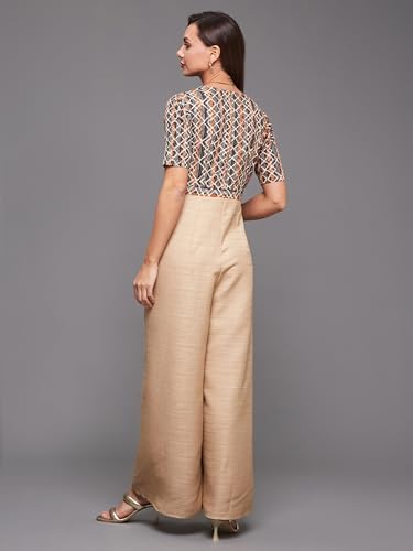 Image of Miss Chase Women's Square Neck Half Sleeve Geometric Pleated Silk Jumpsuit with Pockets