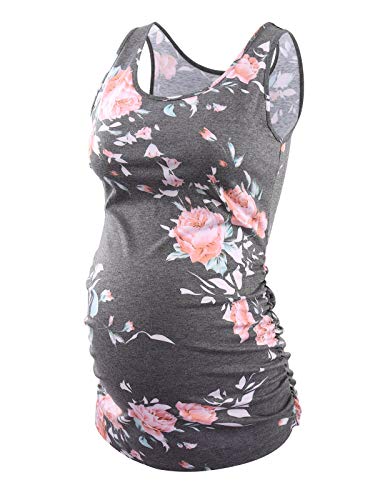 Ecavus 3Pcs Womens Layering Maternity Tank Top Pregnancy Shirt Scoop Neck Sleeveless Ruched Vest (L, Black/Pink Stripe/Floral53) #TOP3