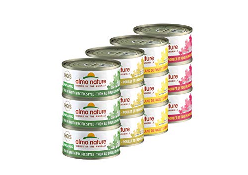 almo nature HQS Natural Variety Pack Grain Free, Additive Free Recipes, Pacific Tuna(6); Chicken & Cheese (6); Chicken Breast (6); Chicken & Liver (6), Adult Cat Canned Wet Food, Shredded
