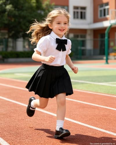 Image of Betusline Girls Skirt Set JK School Uniform 2-Piece Outfit - Short Sleeve Shirt with Bow & Pleated Skirt 4T-14Y