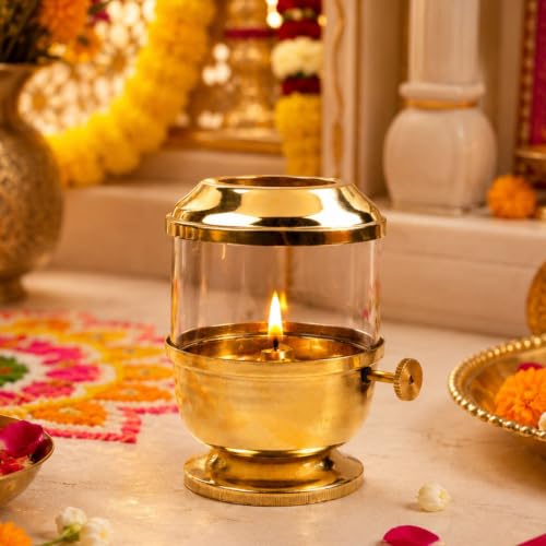 Image of Klassic 6 Inch Pure Brass Akhand Jyoti Diya with Glass Cover & Adjustable Bati Knob | Traditional Oil Lamp with Wick Lifting Screw Lever for Home Temple, Pooja Room, Diwali, Navratri & Daily Puja