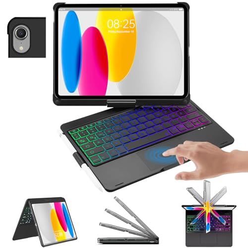 FOGARI Funda para iPad 10 Generación 10.9 Pulgadas 2022, QWERTZ Trackpad Teclado | 7 Colores Iluminados | Giratorio 360 para iPad 10 Gen A2696/ A2757/ A2777 Negro