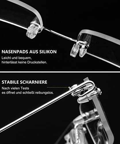 Lanomi Rimless Reading Glasses for Men Women Blue Light Blocking Readers Lightweight Slim Rectangle Anti Blue Eyewear with Metal Case Silver 1.5 - Image 4