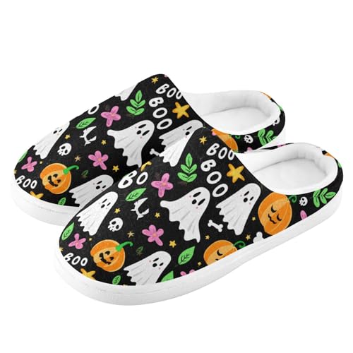 House Fuzzy Slippers Cute Halloween Pumpkin Ghost Anti-Slip Warm Shoes for Womens and Men A23044324
