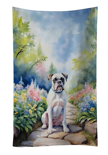 Caroline's Treasures White Boxer Spring Path Kitchen Towel Dish Cloths Guest Hand Towel Decorative Bathroom Towel for Face,Tea, Dishcloth, Kitchen and Bath