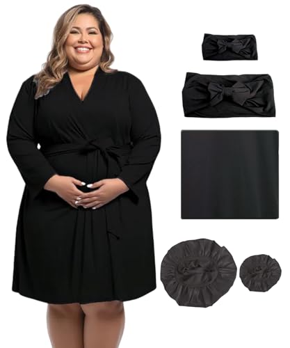 Image of SUFEINI Maternity Robe and Matching Swaddle Blanket Set, Plus Size Women Postpartum Robes Sleepwear New Mommy Gift