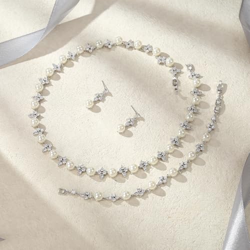 Image of EVER FAITH Cubic Zirconia Pearl Leaf Bridal Jewelry Set for Bride Women