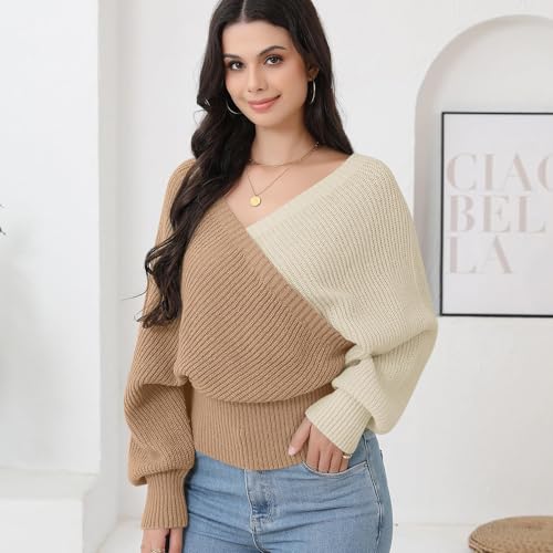 Image of Women's Wrap V Neck Knit Sweaters Batwing Long Sleeve Cross Front Drop Shoulder Fall Pullover Tops
