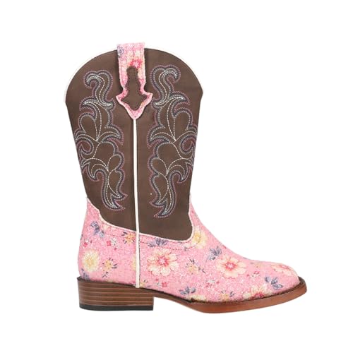 ROPER Kids Girls Glitter Floral Embroidered Square Toe Casual Boots Mid Calf - Brown, Pink