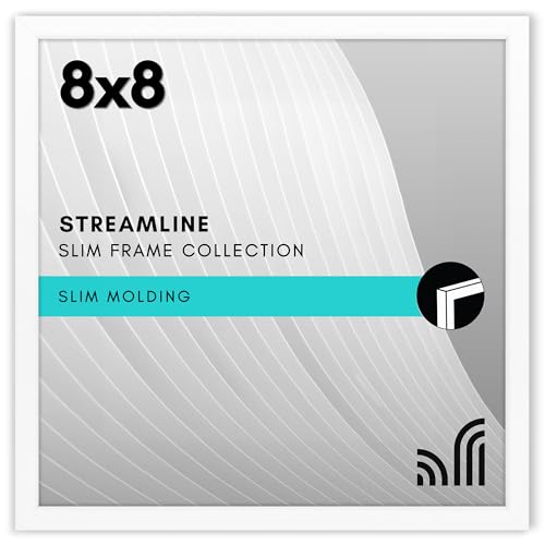 Americanflat 8x8 Picture Frame with Shatter-Resistant Glass - Streamline Collection - Thin Border Square Frame for Tabletop and Wall Display - Hanging Hardware and Easel Stand Included - White