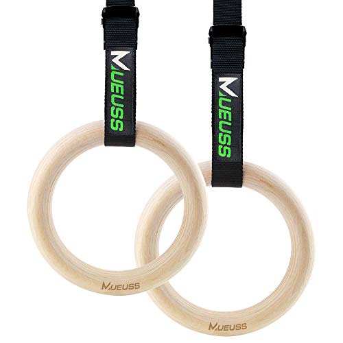 MUEUSS Gymnastic Rings Wooden Gym Rings with Adjustable Straps, Fitness Rings, Exercise Rings, Heavy Duty Gym Equipment for Training Workout, Strength Training, Gymnastics, Olympic