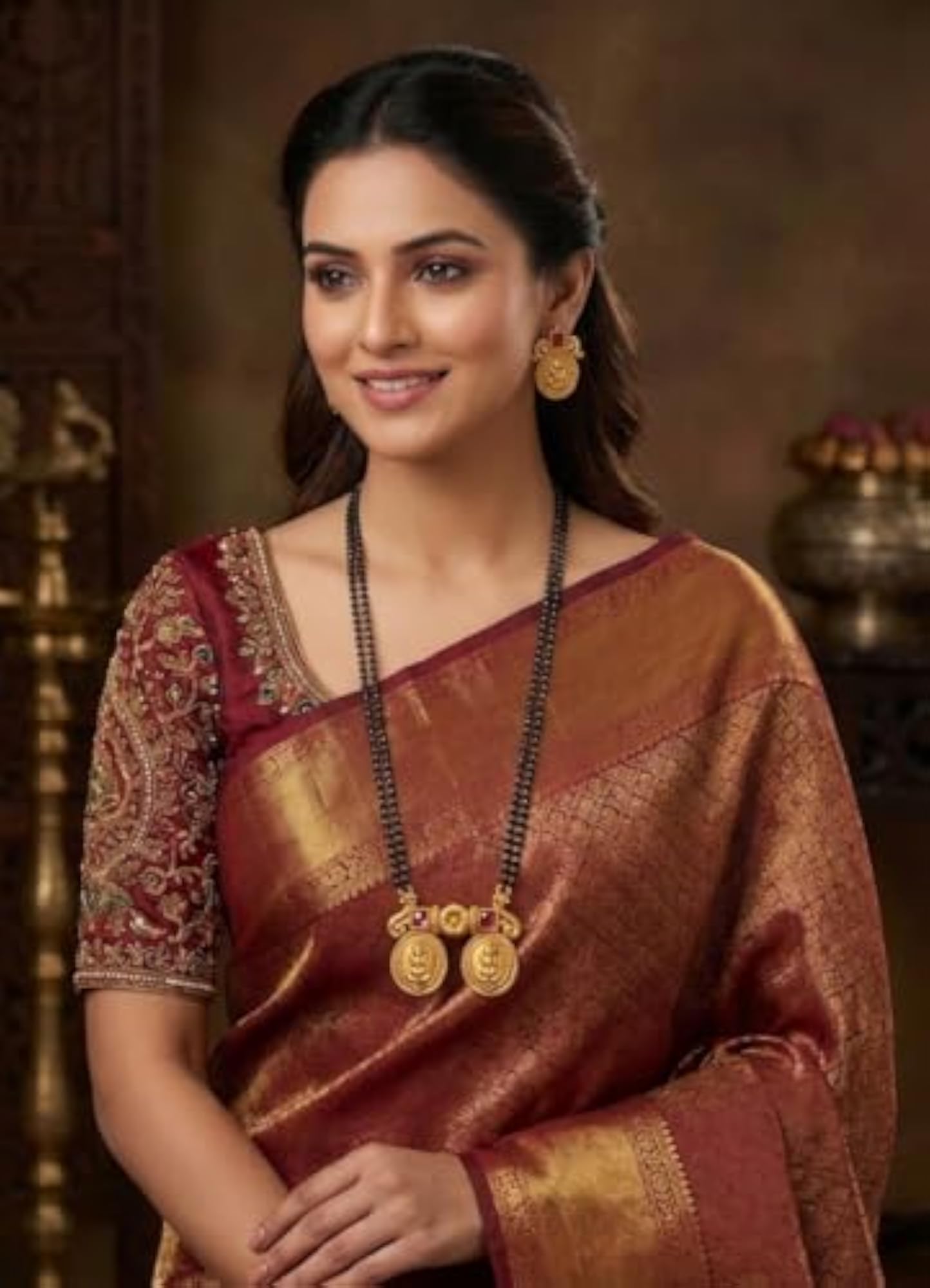 Gold Plated Matte Finish Mangalsutra with Black Beads