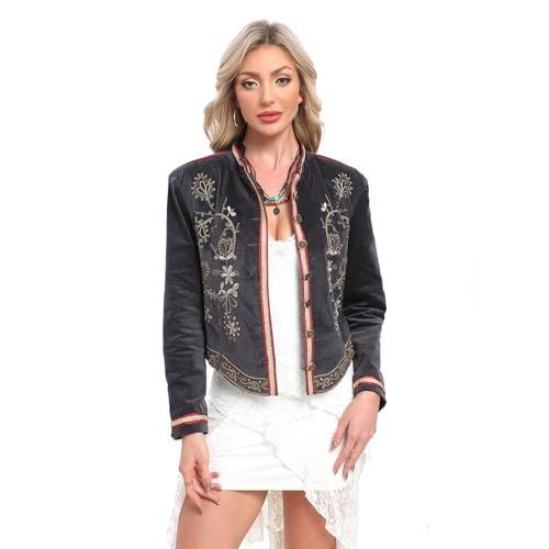 SHINEVAN Women's Retro Open Embroidered Jacket Bohemian Punk Jacket Autumn/Winter