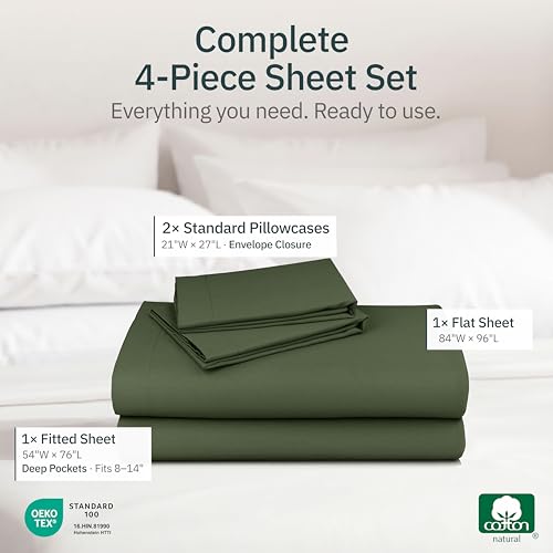 Image of Super Soft 100% Cotton Full Size Sheet Sets, 4 Pc Set, Olive Green | Lightweight & Breathable For Hot Sleepers, 14 inch Deep Pocket, All-Around Elastic, Durable, Easy Care, OekoTex Certified