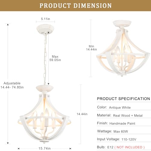 Mrhyswd D5055 4-Lights French Country Chandelier Farmhouse Chandelier Handmade Semi Flush Mount Ceiling Light Fixture Wood Chandelier Pendant Light White Chandeliers thumb #5
