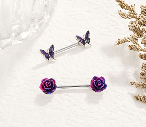 Shakalaka Surgical Steel Nipple Rings Body Piercing Jewelry For Women With Cute Daisy Flower Butterfly Ball Purple 14G #TOP3