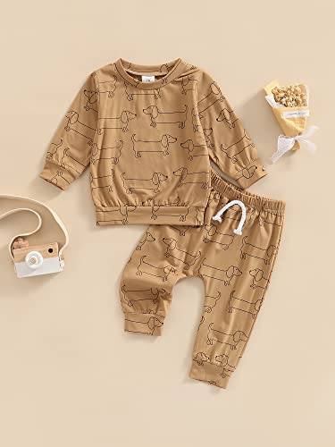 Focusnorm Infant Baby Boys Fall Clothes Set Dachshund Print Pullover Sweatshirt Top Pants 2Pcs Dogs Outfits Tracksuit (Yellow, 3-6 Months) #TOP7