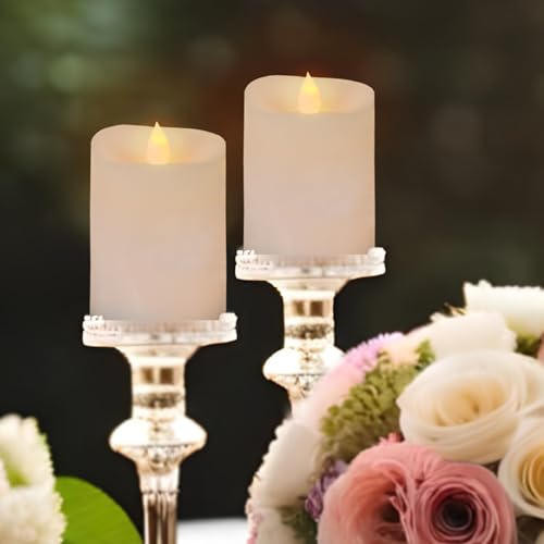 Image of 3x4 Flickering Flameless Candles Set of 2,4 inch Real Wax LED 600 Hours Battery Candles with Timer Remote,Control for Wedding Party Indoo,Ivory