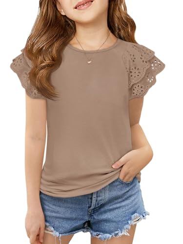 Image of Haloumoning Girls Ruffle Sleeve T Shirts Summer Short Sleeve Casual Cute Crewneck Tops Tees 5-14 Years