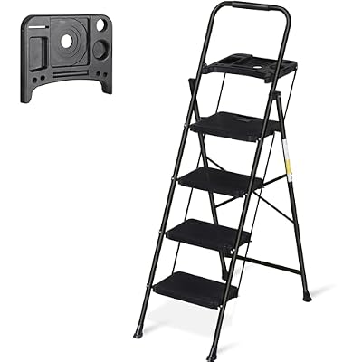 JungleA Step Ladder 4 Step Folding with Tool Tray, Wide Non-Slip Pedal and Sturdy Steel Construction Step Stool, 330 lbs Portable Ladders for Home, Attic, Office & Garage, Black