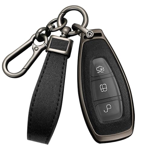 HIBEYO Key Case Cover for Ford Focus 3 4 ST Mondeo MK3 MK4 Fiesta Fusion Kuga 2013 2014 2015 2017 Accessories with Keychains Alloy PU Leather Material Key Fob Cover-Black Black