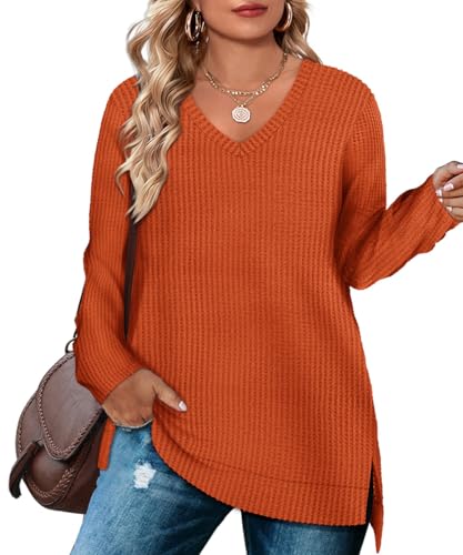 Image of RITERA Plus Size Women Sweaters Waffle Knit Pullover Top Long Sleeve Casual Crewneck Shirt Loose Split Hem Fall Winter Blouse