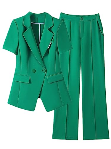 Ladies Spring Summer Pant Suit Blazer Short Sleeve Jacket Trouser Business Work Wear 2 Piece Set