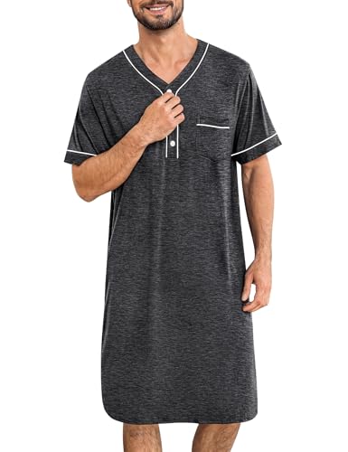 Image of SWOMOG Mens Nightgown Short Sleeve Lounge, Sleep Henley Shirt Pajama Big & Tall Nightshirt Comfy Nightwear M-3XL