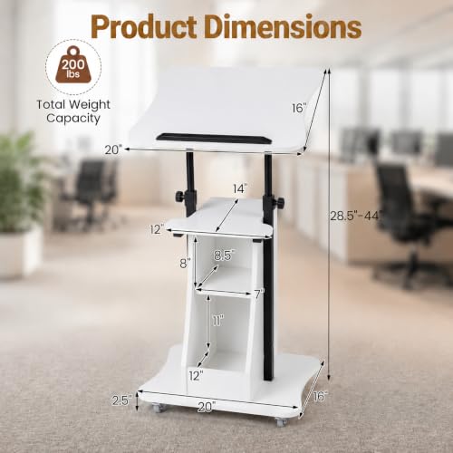 Image of POWERSTONE 2PCS Sit to Stand Mobile Lectern Teacher Podium Portable Height Adjustable Podium Stand Rolling Laptop Desk Cart with Storage Shelf Swivel Top for Classroom, Concert, Church White