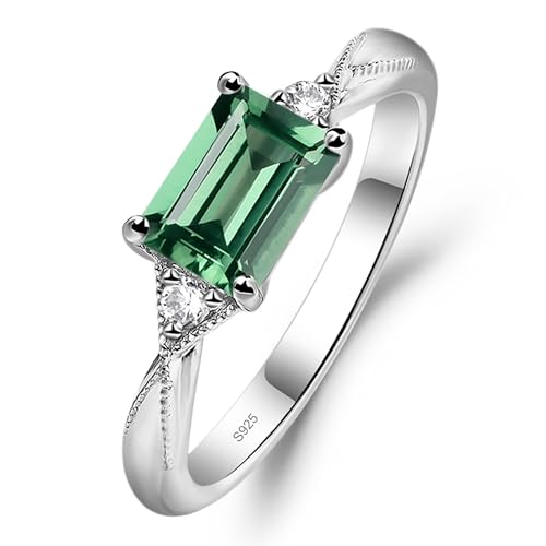 LUO 925 Sterling Silver Emerald Cut 7X5 MM Gemstone Ring, East West Engagement Ring for Women Jewelry