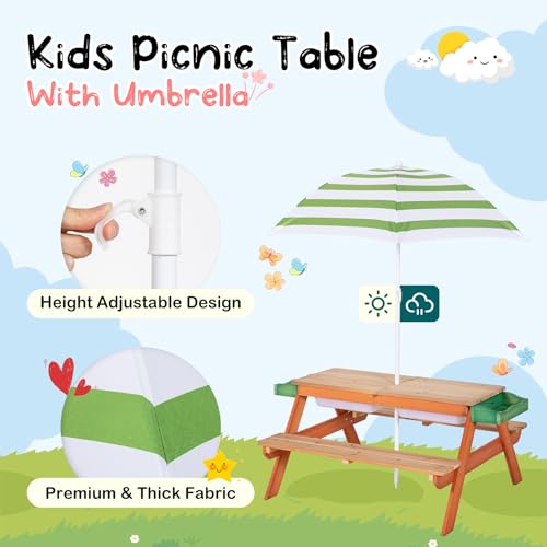 BRINJOY Kids Picnic Table, Outdoor Wooden Table w/Adjustable Umbrella & Garden Bed, 4-in-1 Sand & Water Activity Table w/Built-in Bench & Removable Boxes, Patio, Backyard