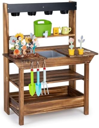 HONEY JOY Mud Kitchen, Fir Wood Kids Potting Bench Table, Removable Sink, 4 Planting Cups, Accessories, Outdoor Play Kitchen for Toddlers, Garden Time Mud Kitchen for Kids Outdoor Backyard