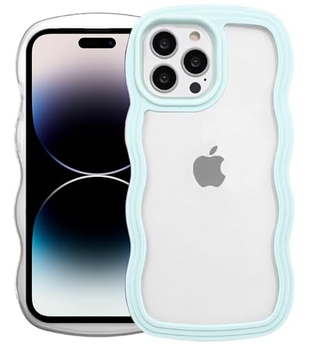 Image of GoldKart iPhone 14 Pro Max Case Wavy Edge Clear Back Design, Anti-Slip Grip Cute Wave Curly Frame Shape Shockproof Soft TPU & Hard PC Bumper Protective Phone Case Cover for Women Girls - Light Blue
