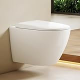 EMKE Spülrandlos Wand WC Weiß, 49 cm, Hänge WC mit Doppelloch-Gegenstrom & Mehrloch-Spülung, Keramik Toilettenschüssel, WC-Sitz Softclose & Schnelllösefunktion