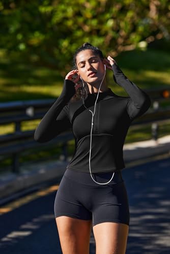 PINSPARK Sportowa koszulka damska z długim rękawem, krój slim fit, funkcjonalna koszulka z zamkiem 1/2, koszulka z długim rękawem, sweter sportowy, do jogi, na siłownię, kurtka do biegania, otwór na