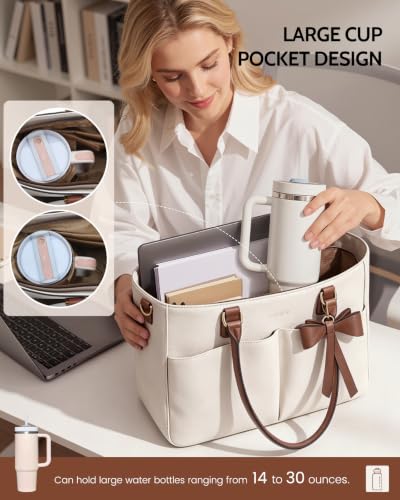 Image of Laptop Tote Bag for Women, Leather Work Tote with Padded Laptop Compartment, Cup Holder, Office Computer Briefcase
